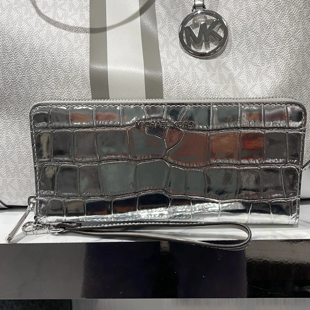 Michael Kors JST Metallic Crocodile Embossed Leather Continental Wallet NWT